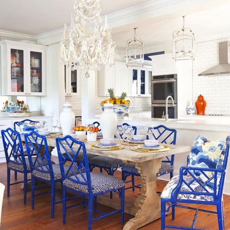 Dining Chair Cobalt Blue Faux Bamboo with Leopard Print Upholstery