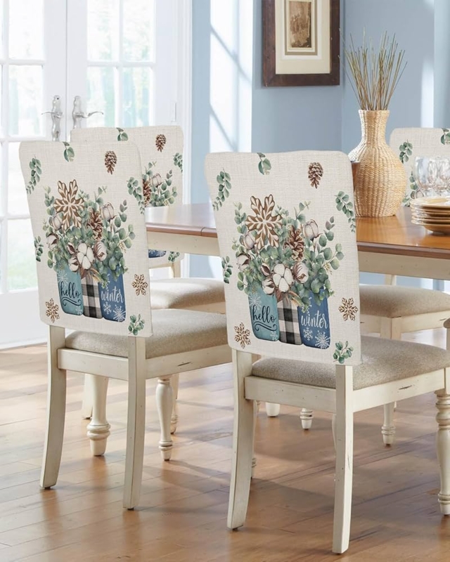 Dining Chair Cover Botanical Winter Print Rustic Farmhouse Decor