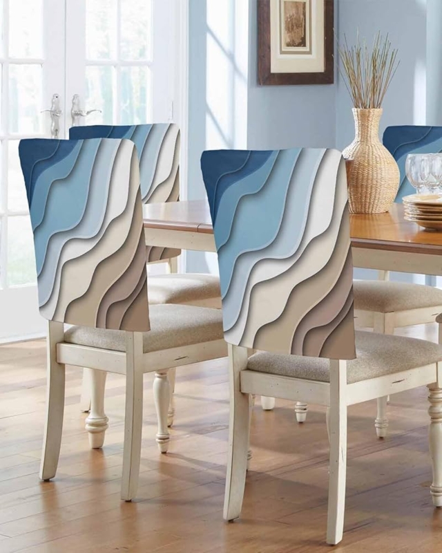 Dining Chair Cover Ocean Wave Stripes Blue Gradient Removable Back