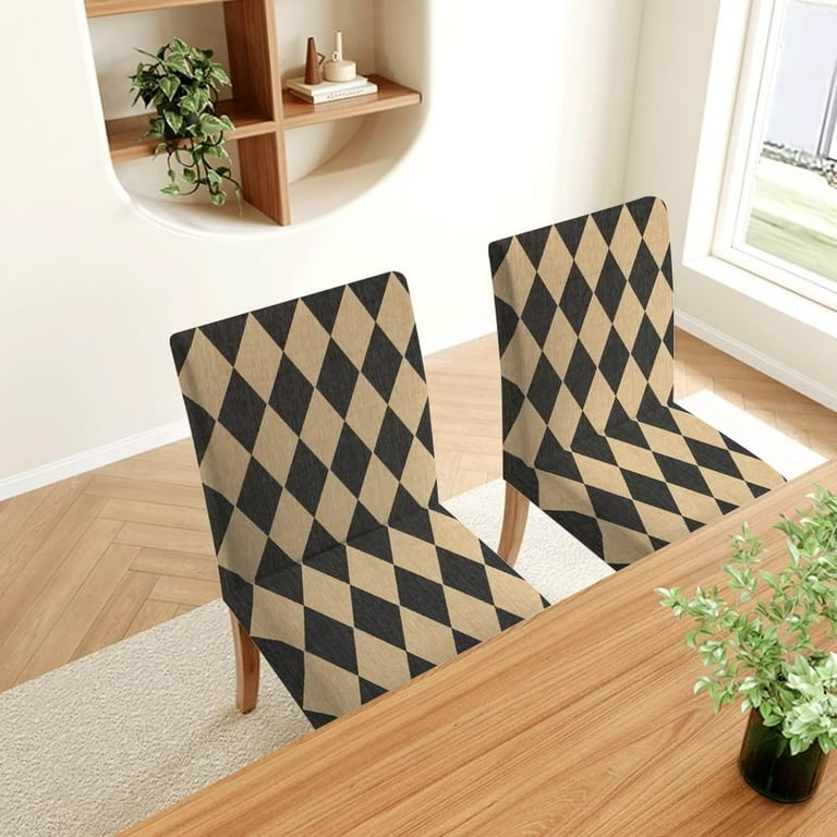 Dining Chair Covers Harlequin Pattern Black Beige Contrast Modern