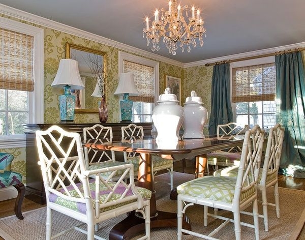 Dining Chair Faux Bamboo Chippendale with Geometric Patterned Seat