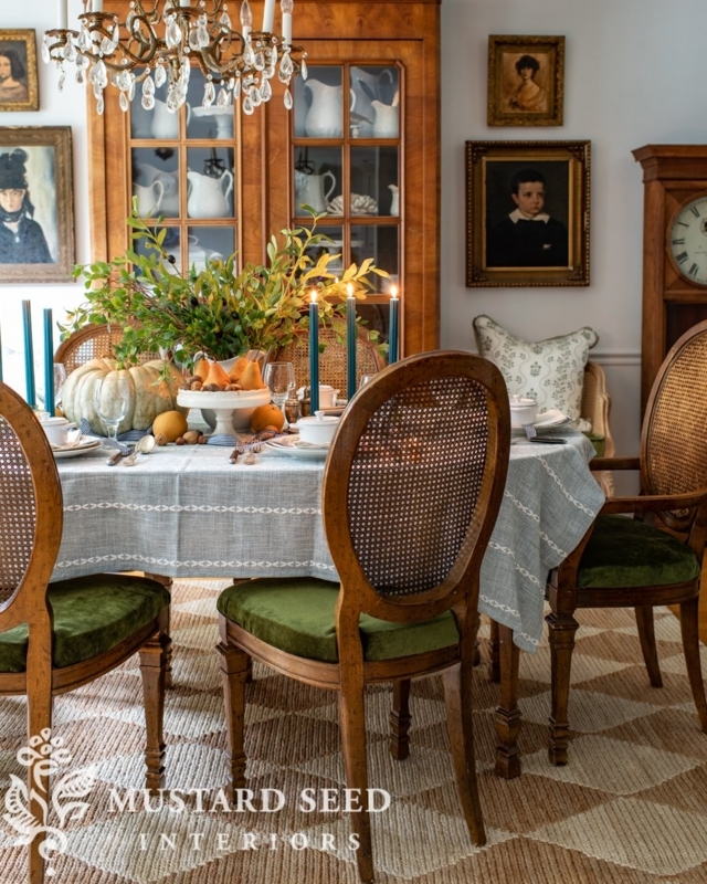 Dining Chair Featuring Cane Oval Back and Moss Green Velvet Seat