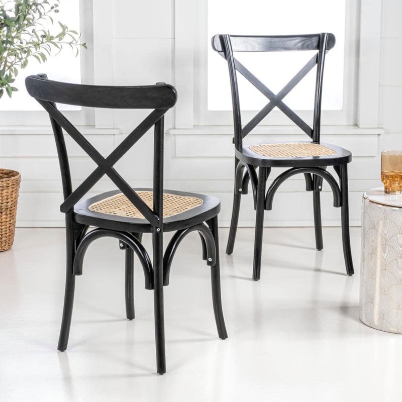 Dining Chair French Country X-Back Matte Black Natural Cane Seat