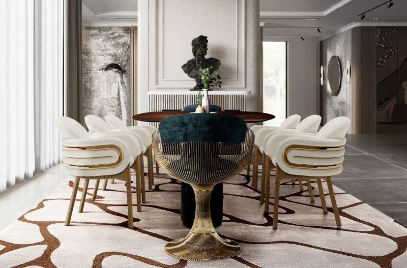 Dining Chair Gold Ribbed Pedestal Curved Metal Accents