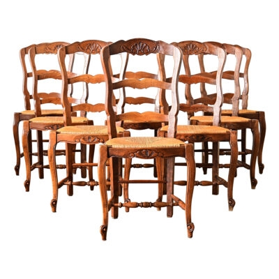 Dining Chair Ladder Back Design Carved Shell Motif Woven Rush Seat