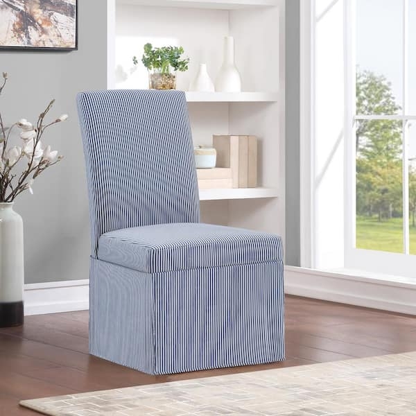 Dining Chair Navy Ticking Stripe Skirted Slipcover Coastal Decor