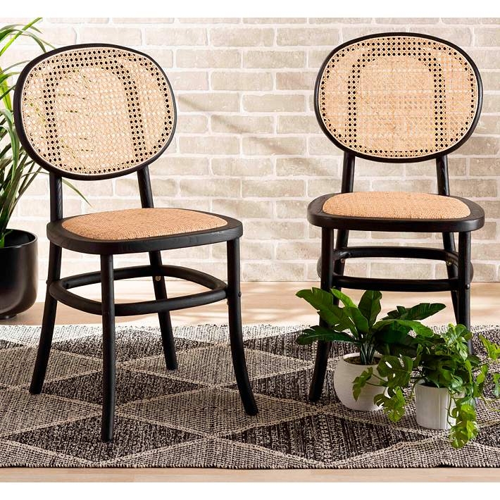 Dining Chair Oval Cane Back Matte Black Frame Woven Fiber Seat Boho
