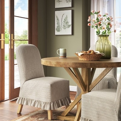 Dining Chair Pinstripe Pattern Ruffled Skirt Rounded Back Farmhouse