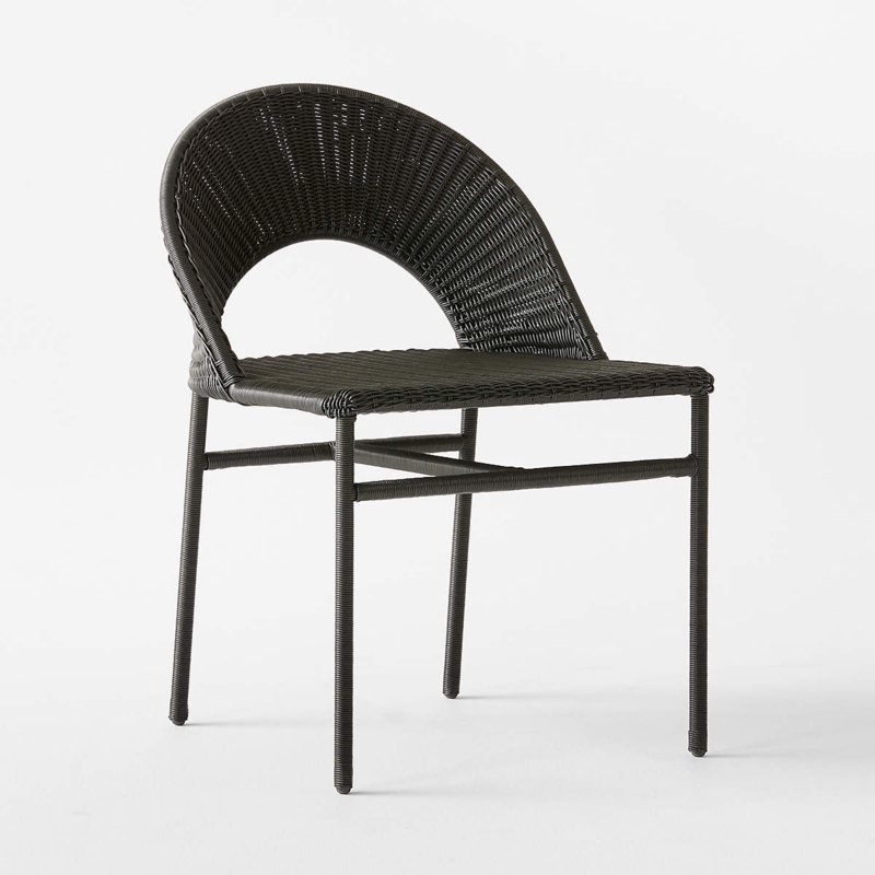 Dining Chair Sculptural Matte Black Rattan Crescent Back Open Weave