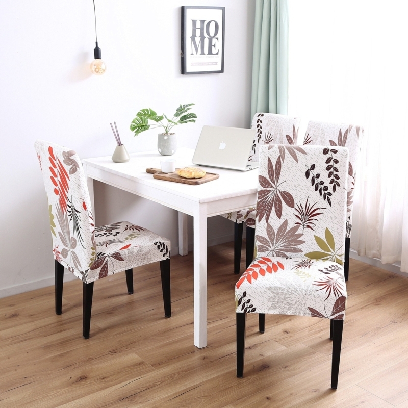 Dining Chair Slipcover Botanical Leaf Print Earth Toned Stretch Fit