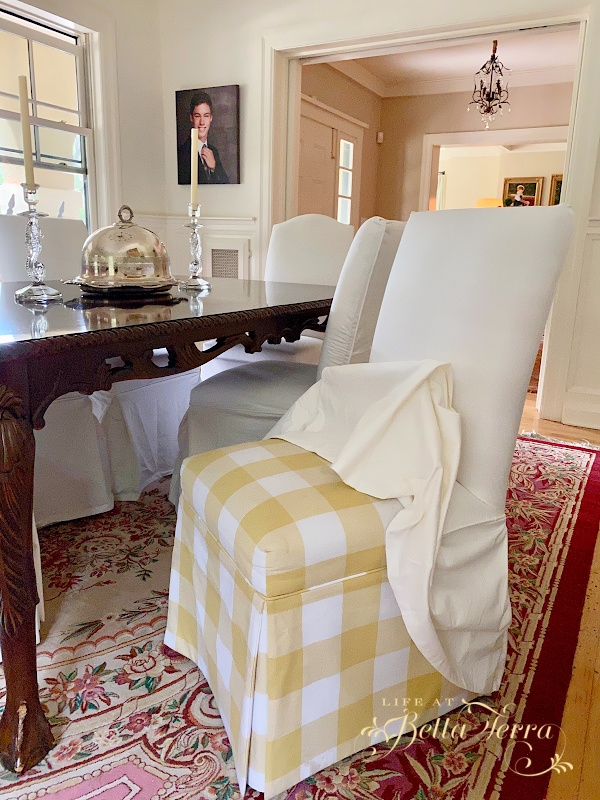 Dining Chair Slipcover Buffalo Check Butter Yellow Floor Length Skirt