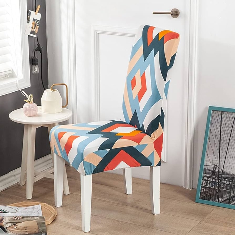 Dining Chair Slipcover Geometric Pattern Multicolor Stretch Fit High Back