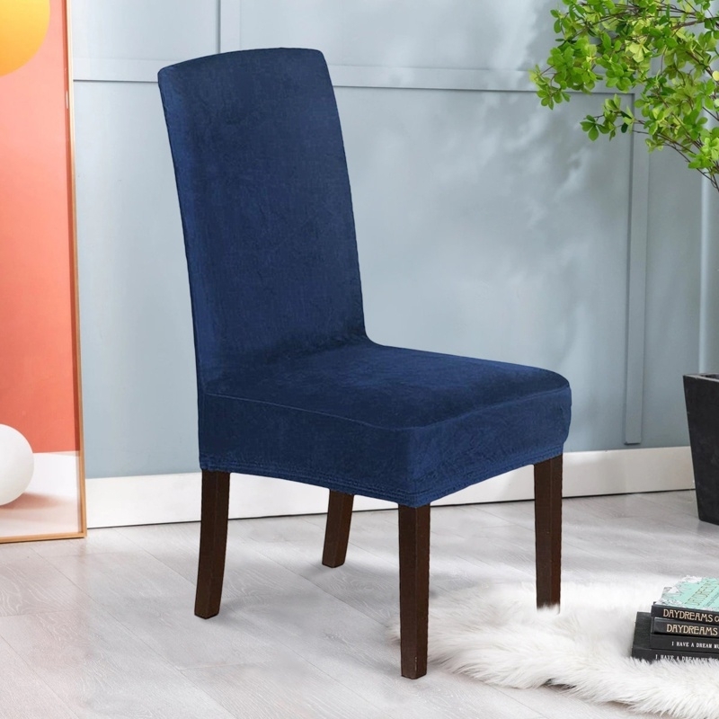 Dining Chair Slipcover Navy Blue Velvet Form Fitting Stretch