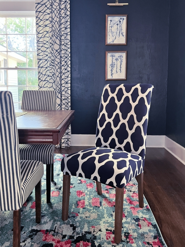 Dining Chair Slipcover Ogee Pattern Navy Blue Maximalist Style