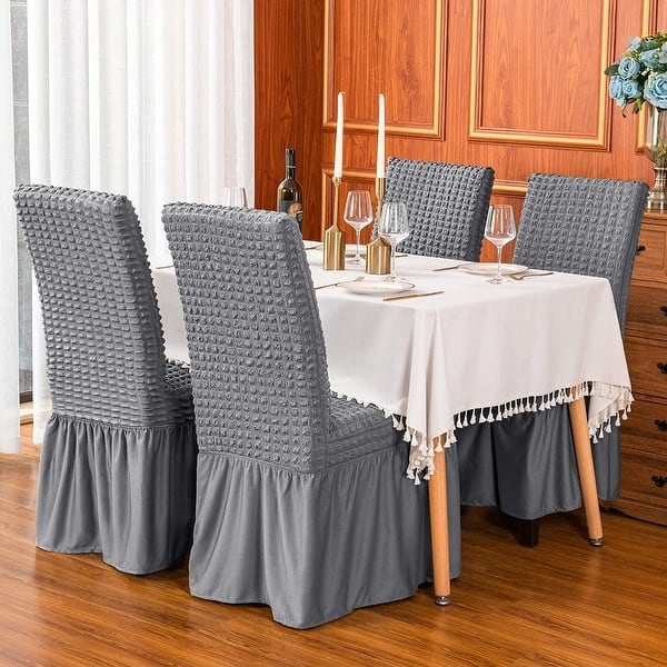 Dining Chair Slipcover Seersucker Texture Ruffle Skirt Slate Grey