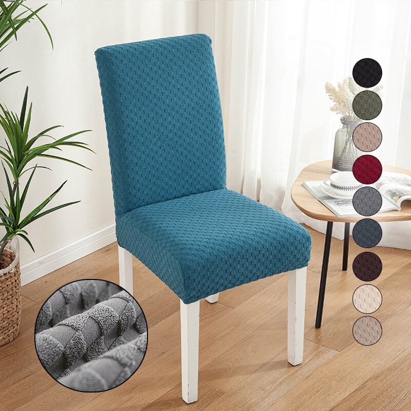 Dining Chair Slipcover Waffle Texture Jacquard Pattern Teal Blue