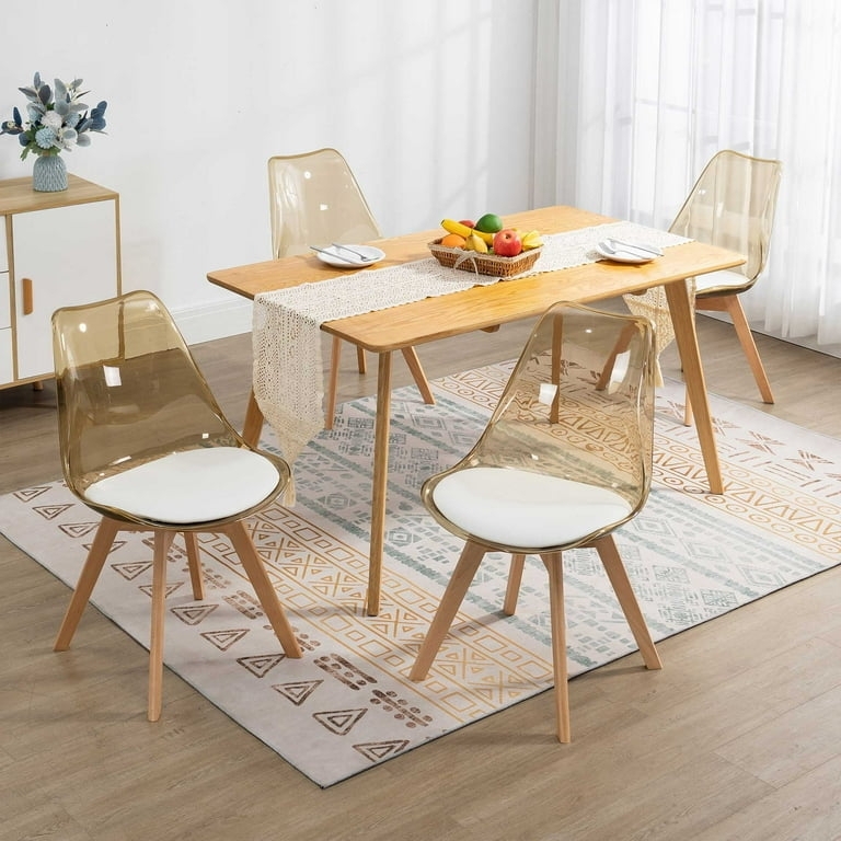 Dining Chair Tapered Wood Legs Amber Acrylic White Padded Seat