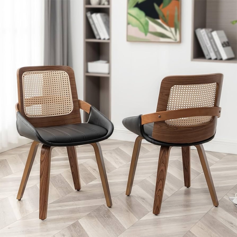Dining Chair Walnut Bentwood Frame Cane Inlay Black Faux Leather Seat