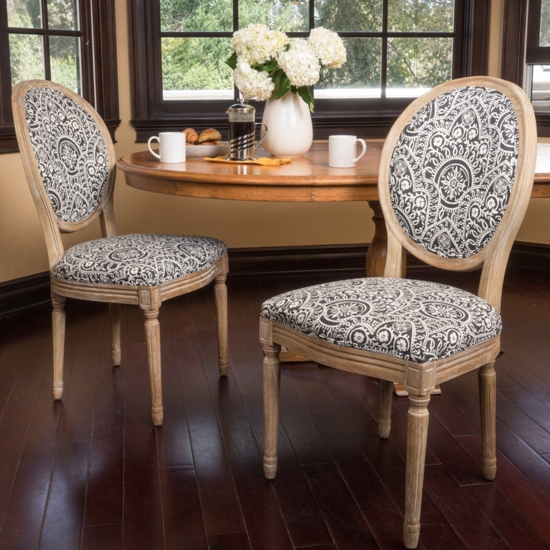 Dining Chair with Oval Back and Monochrome Medallion Pattern Upholstery
