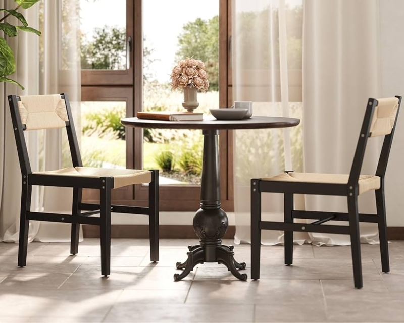 Dining Chair Woven Hemp Seat Matte Black Frame Armless Boho Style