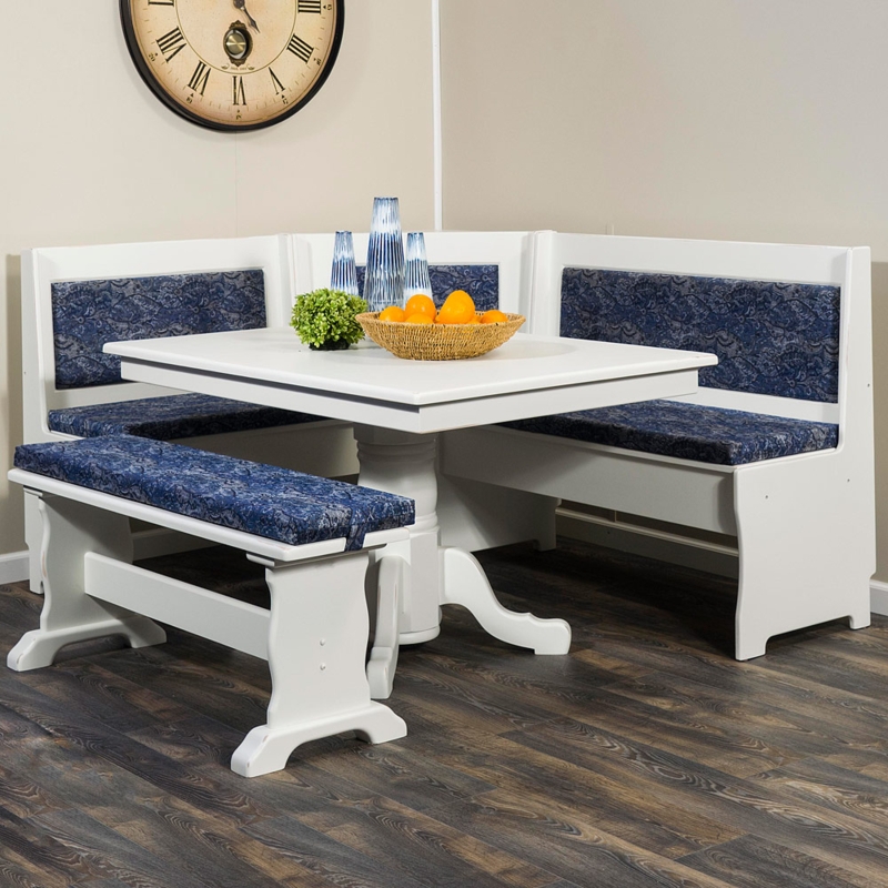 Dining Nook Set Navy Patterned Upholstery Scrolled Fabric Base