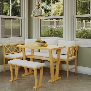 Dining Nook Set X-Back Design Crisp White Cushions Natural Wood
