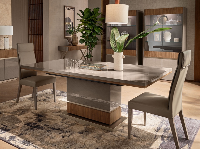 Dining Room Set High Gloss Greige Pedestal Table Italian