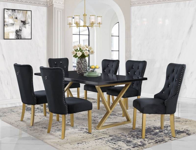 Dining Set: Black Velvet Tufted Chairs, Gold Trestle Base Table