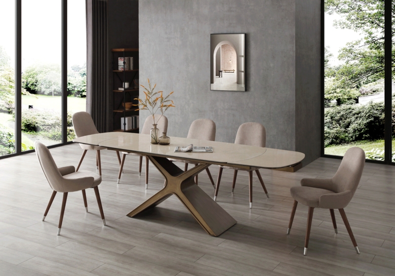 Dining Set Ceramic Look Glass Top X-Shaped Pedestal