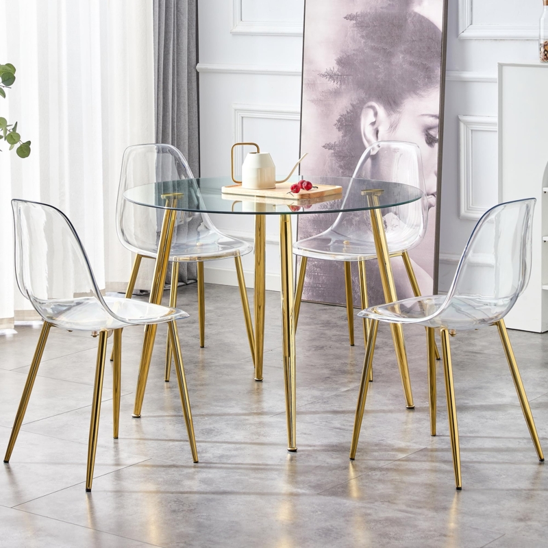 Dining Set: Clear Acrylic Dining Chairs, Gold Tapered Legs