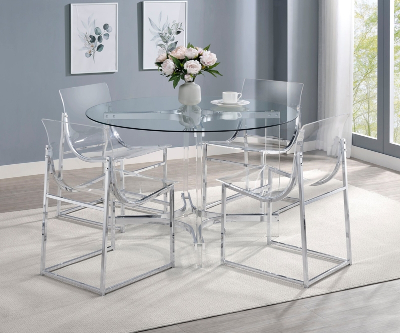 Dining Set: Clear Acrylic Dining Table, Clear Base, Chrome Accents
