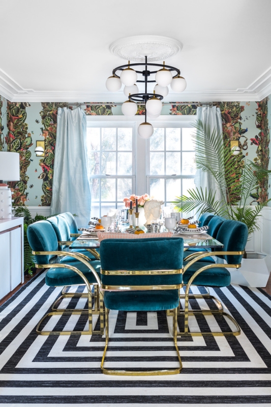 Dining Set Concentric Striped Rug Teal Velvet Chairs Botanical Wallpaper