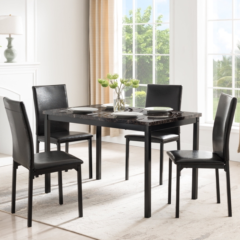 Dining Set: Contemporary 5-Piece Compact Black Faux Marble