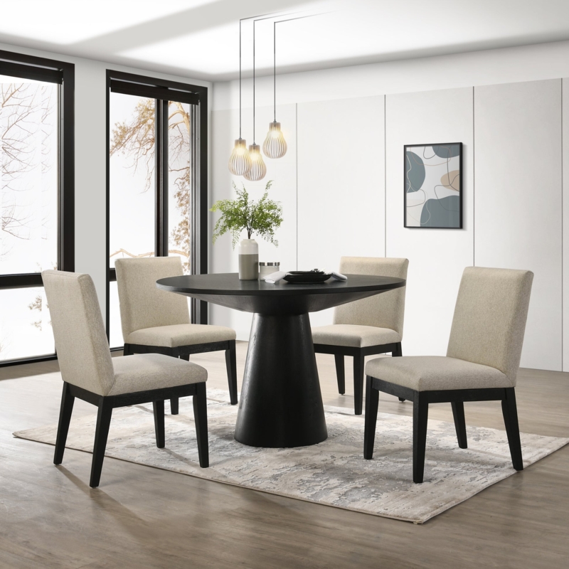 Dining Set Ebony Pedestal Table Beige Upholstered Chairs