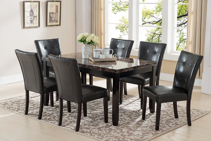 Dining Set: Espresso Wood, Brown Marbled Top, Tufted Chairs