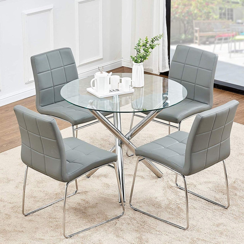 Dining Set: Grey Quilted Dining Chairs with Crossed Chrome Base