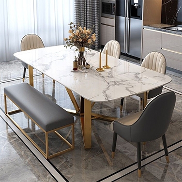 Dining Set Marble Pattern Top Gold Base Upholstered Bench