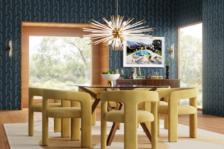 Dining Set Mustard Yellow Velvet Starburst Pendant Geometric Wallpaper