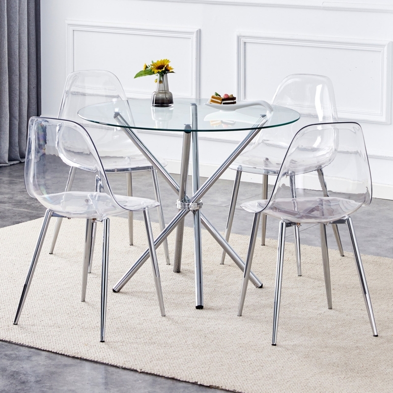 Dining Set: Round Clear Glass Dining Set, Splayed Chrome Base