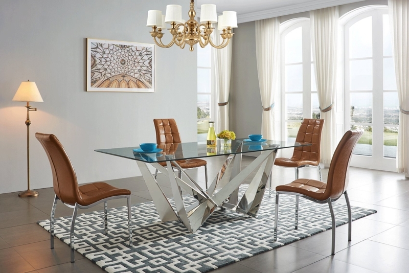 Dining Set: Sculptural Chrome Dining Table, Cognac Tufted Chairs