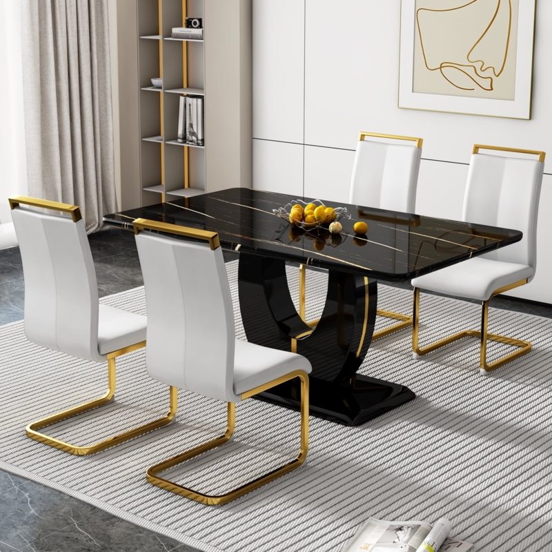 Dining Set: U-Shaped Pedestal Table with White Gold Cantilever Chairs