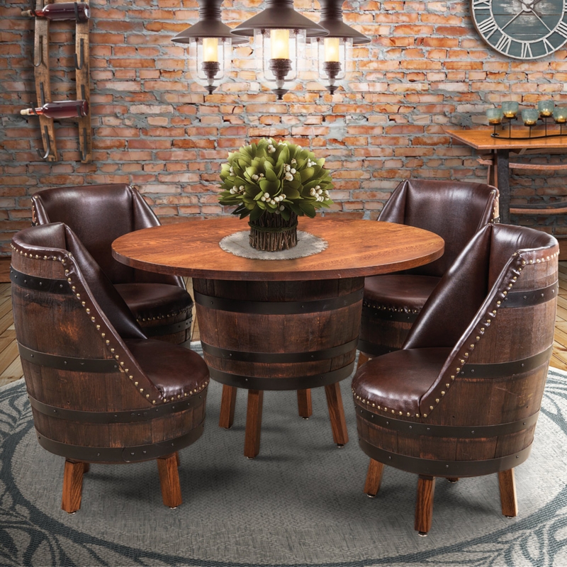 Dining Set Upcycled Aesthetic Barrel Base Nailhead Trim Rustic