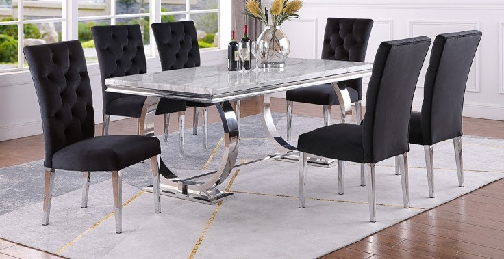 Dining Set: White High-Gloss Faux Marble, Chrome C-Shaped Base