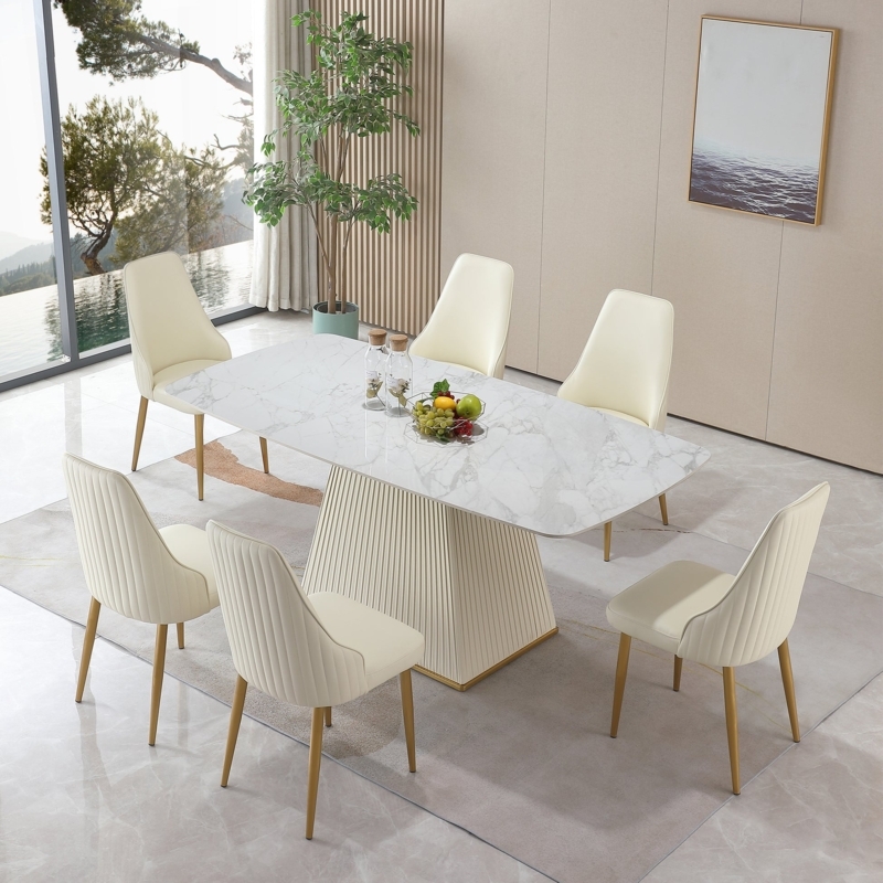 Dining Set White Stone Top Fluted Pedestal Channel Tufted