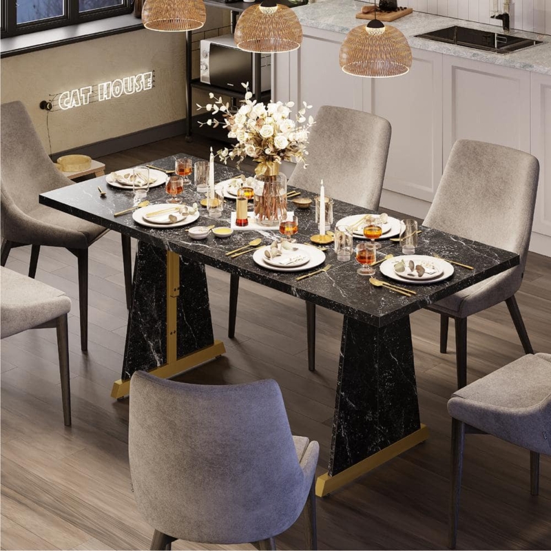 Dining Table: Black Marble Trestle Base with Gold Metal Accents