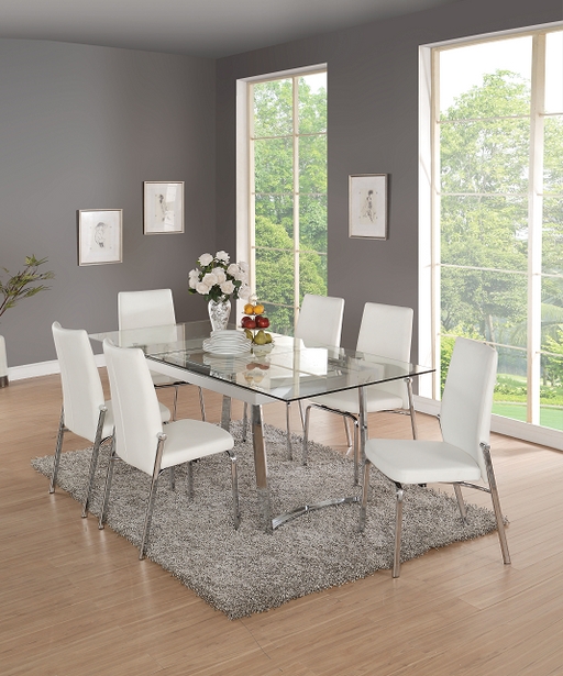 Dining Table: Chrome Glass Dining Table, Polished Frame, White Set