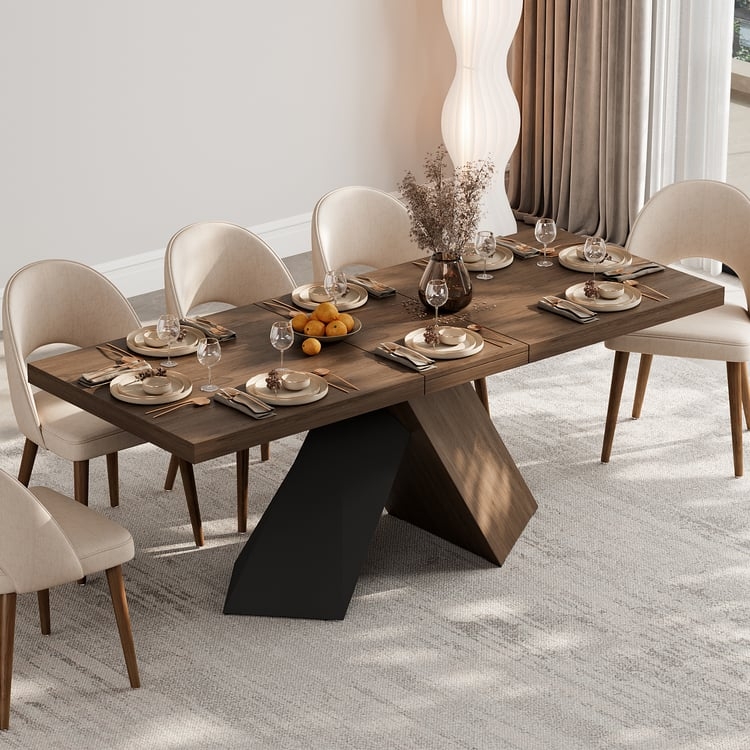 Dining Table Extendable Walnut Top Asymmetric Pedestal Base