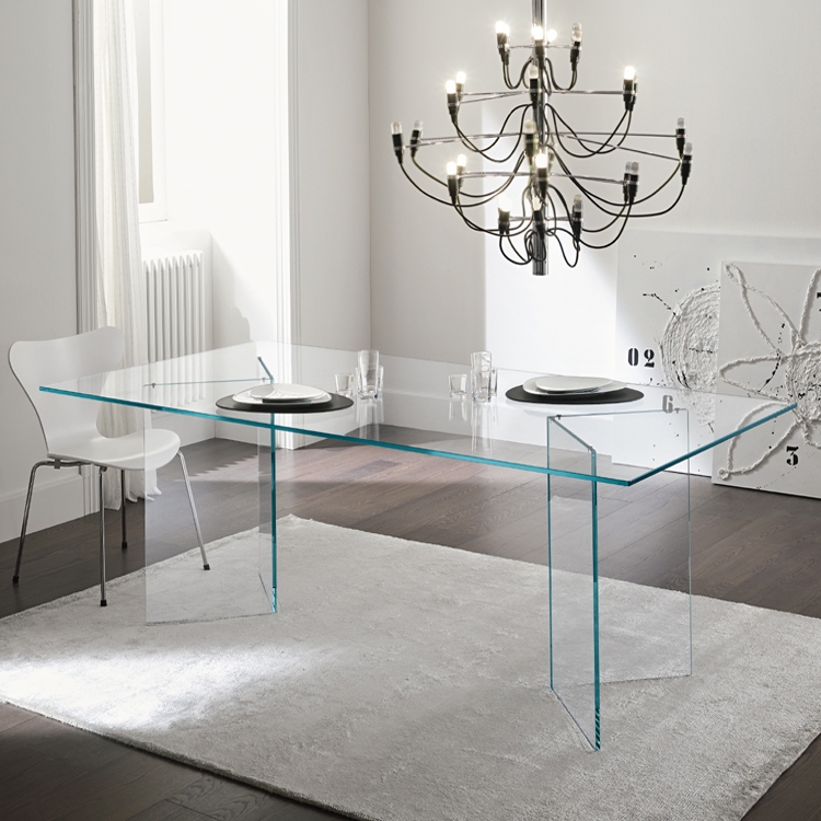Dining Table: Geometric Glass Base Table, Transparent Structure