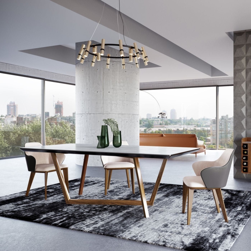 Dining Table Geometric Wood Base White Stone Top