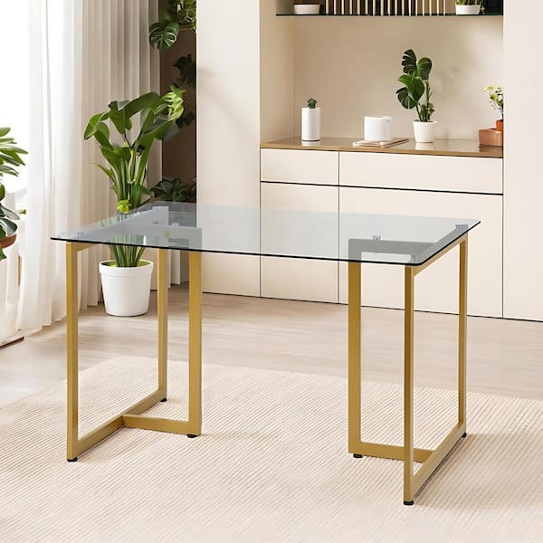Dining Table: Gold Glass Dining Table with Gold Sled Base